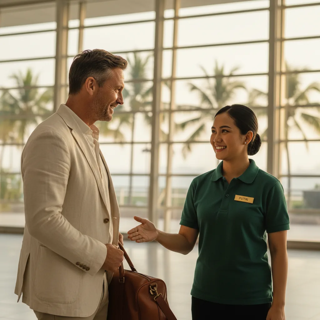 Bali Fast Tracks airport concierge greeting traveller at DPS Ngurah Rai International Airport